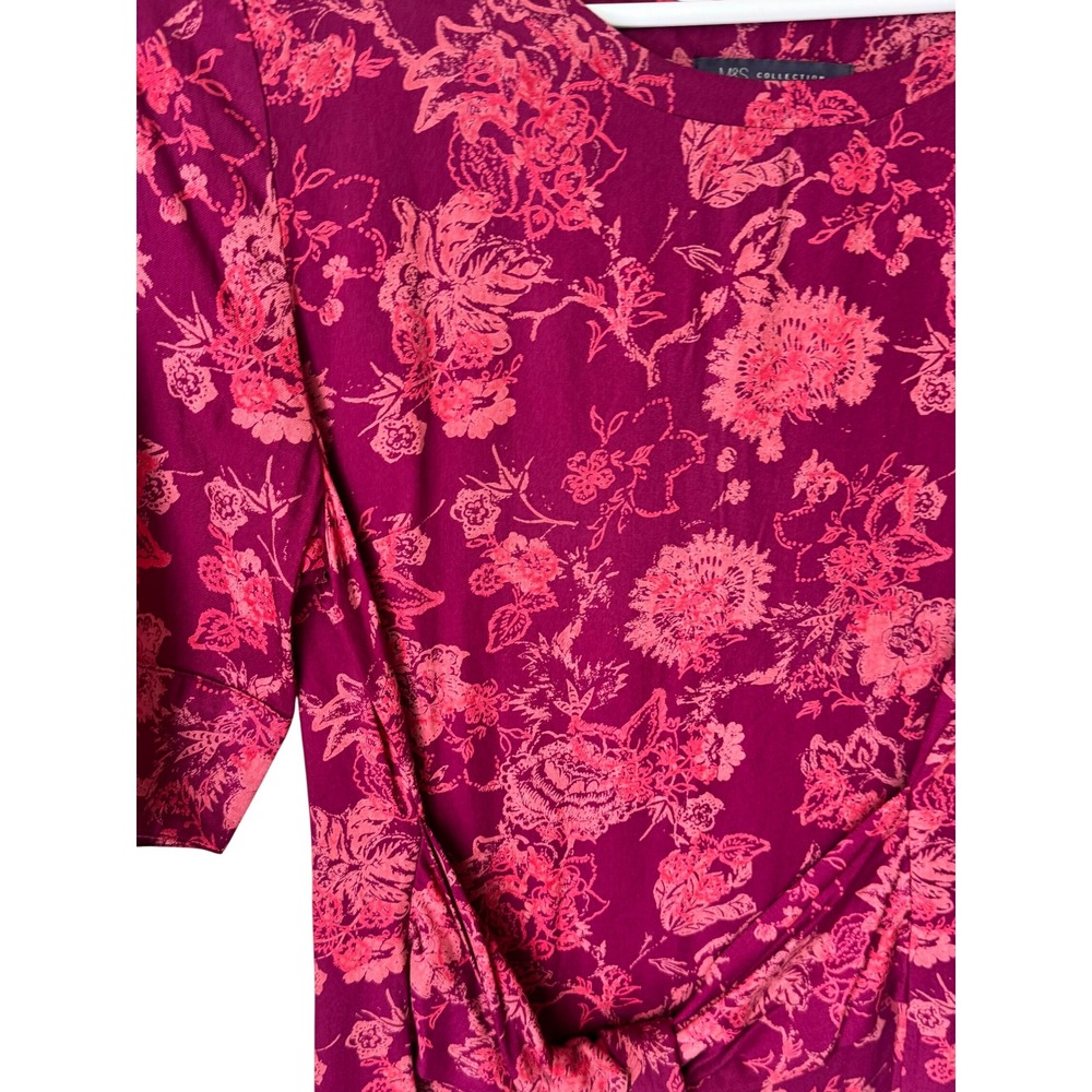 M&S Collection Berry Pink Floral Boat Neck Tie Waist Midi Dress Womens UK 8 US 4